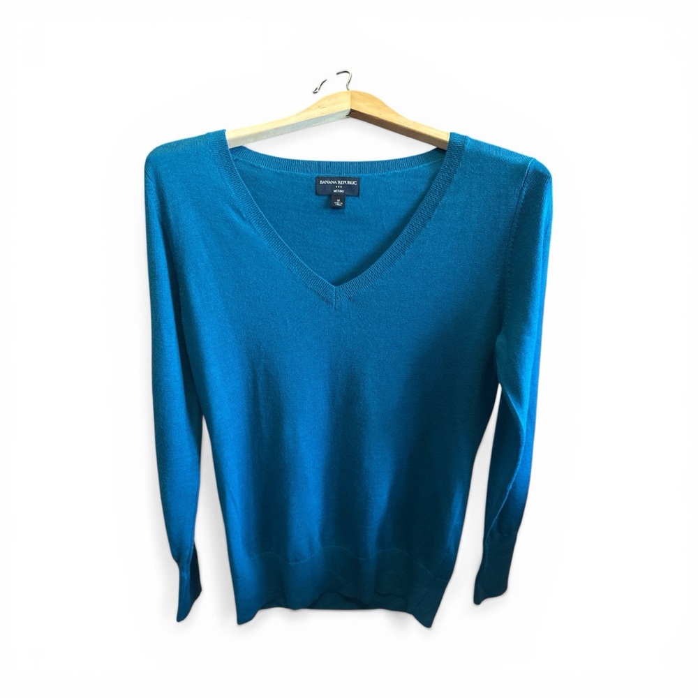 Banana Republic Teal V-Neck 100% Merino Wool Casual Sweater - Women's Medium - Picture 1 of 9